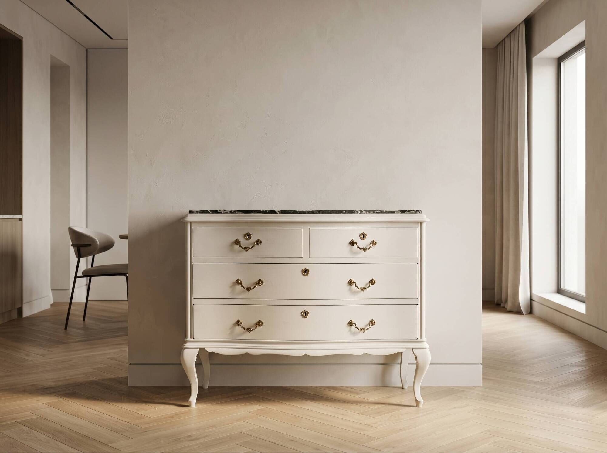 Commode vintage courbée avec plateau en marbre - Rénovée