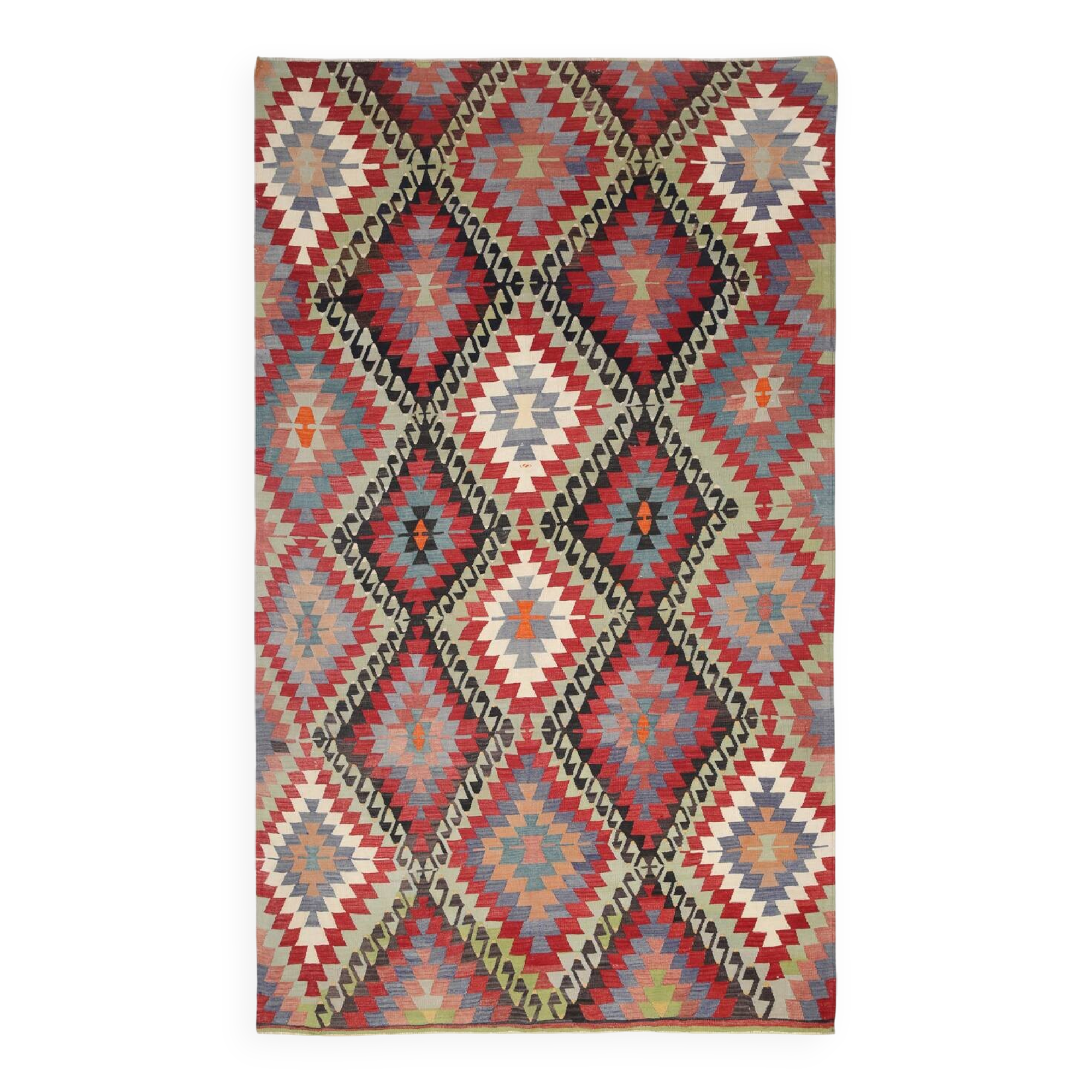 6x10 Green & Red Tribal Vintage Kilim Rug, 199x320Cm