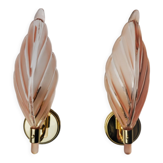 Pair of pink leaf sconces, mazzega murano, italy 1970