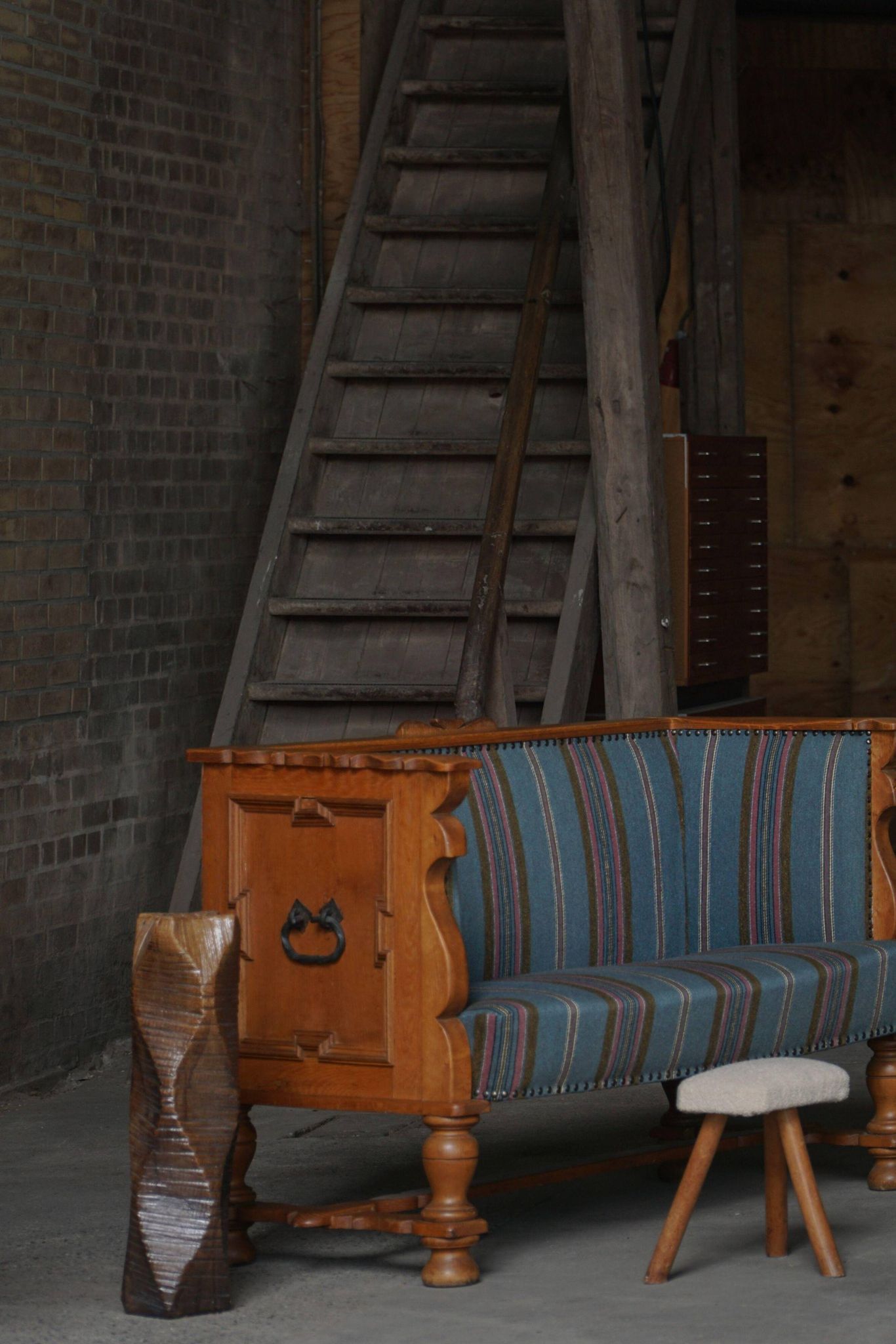 Oak canapé adorned with original upholstery, Nordic classicism, Sweden, 1930s.