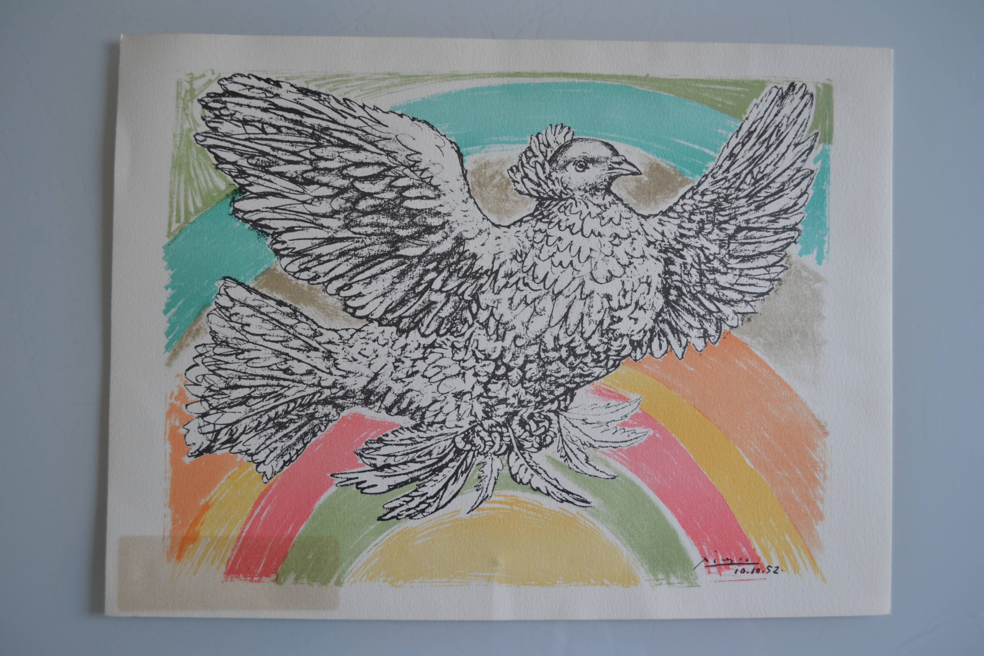 Picasso original lithograph 1952 Dove with a rainbow 38x28cm