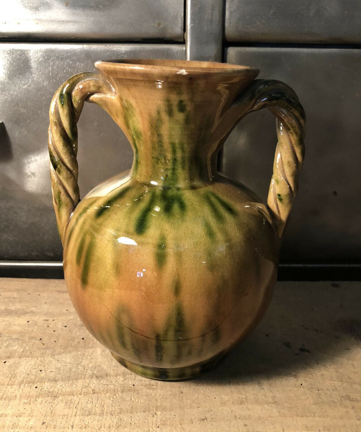 Handled vase in enameled ceramic, stamp to identify
