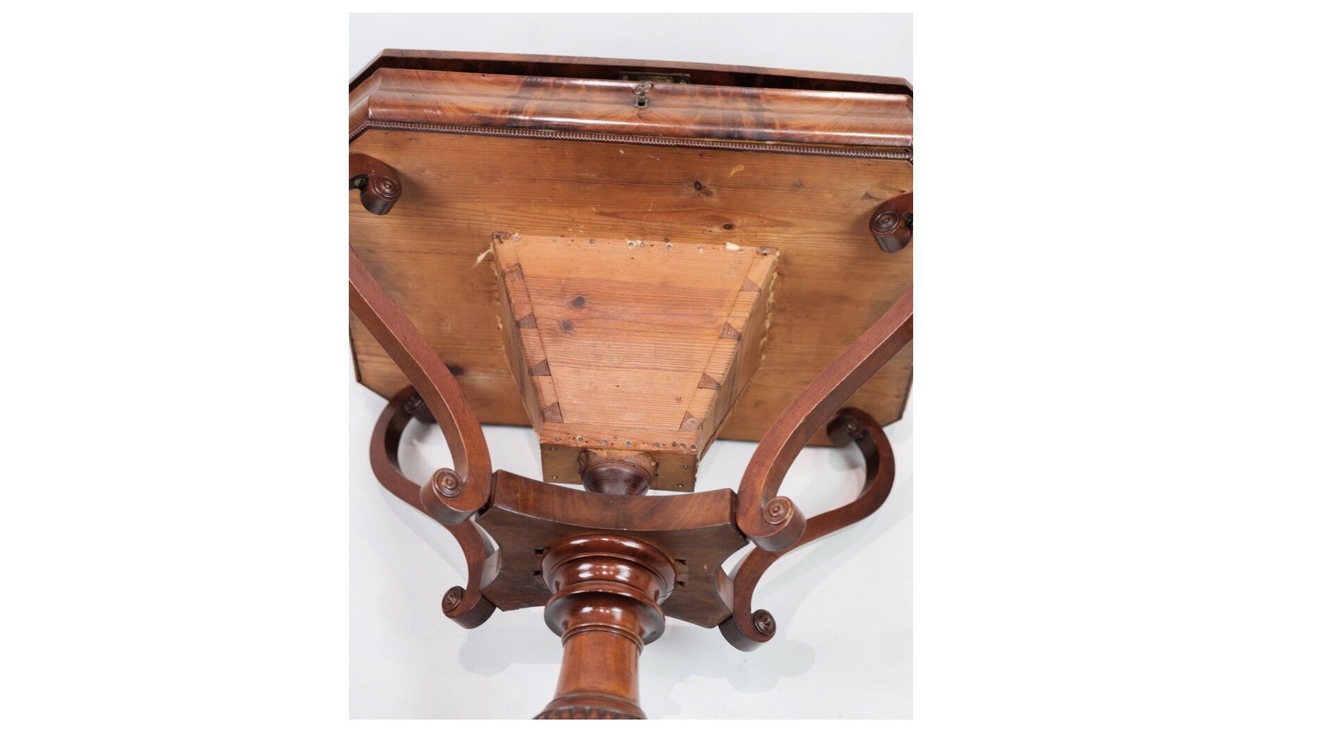 Antique mahogany sewing table on a pillar from around the year 1840s