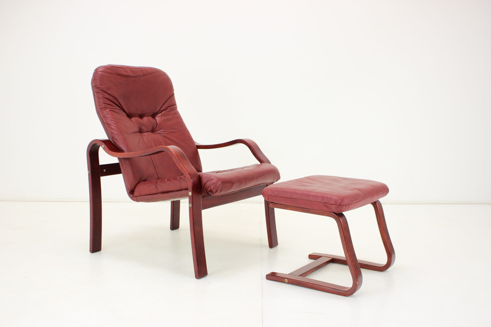 1980 Leather Armchair With Footrest, Ton Czechoslovakia