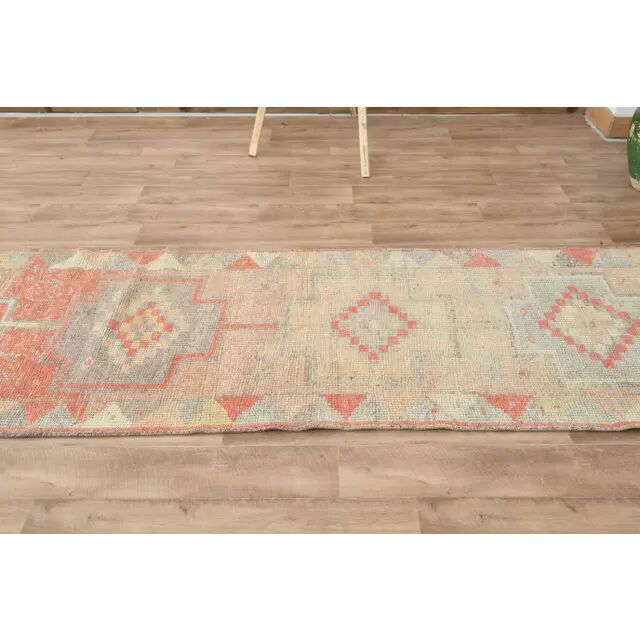 1970s Turkish Oushak Handmade Wool Cotton Orange Runner Rug 92x348