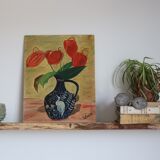 Oil on still life panel, vase with anthuriums
