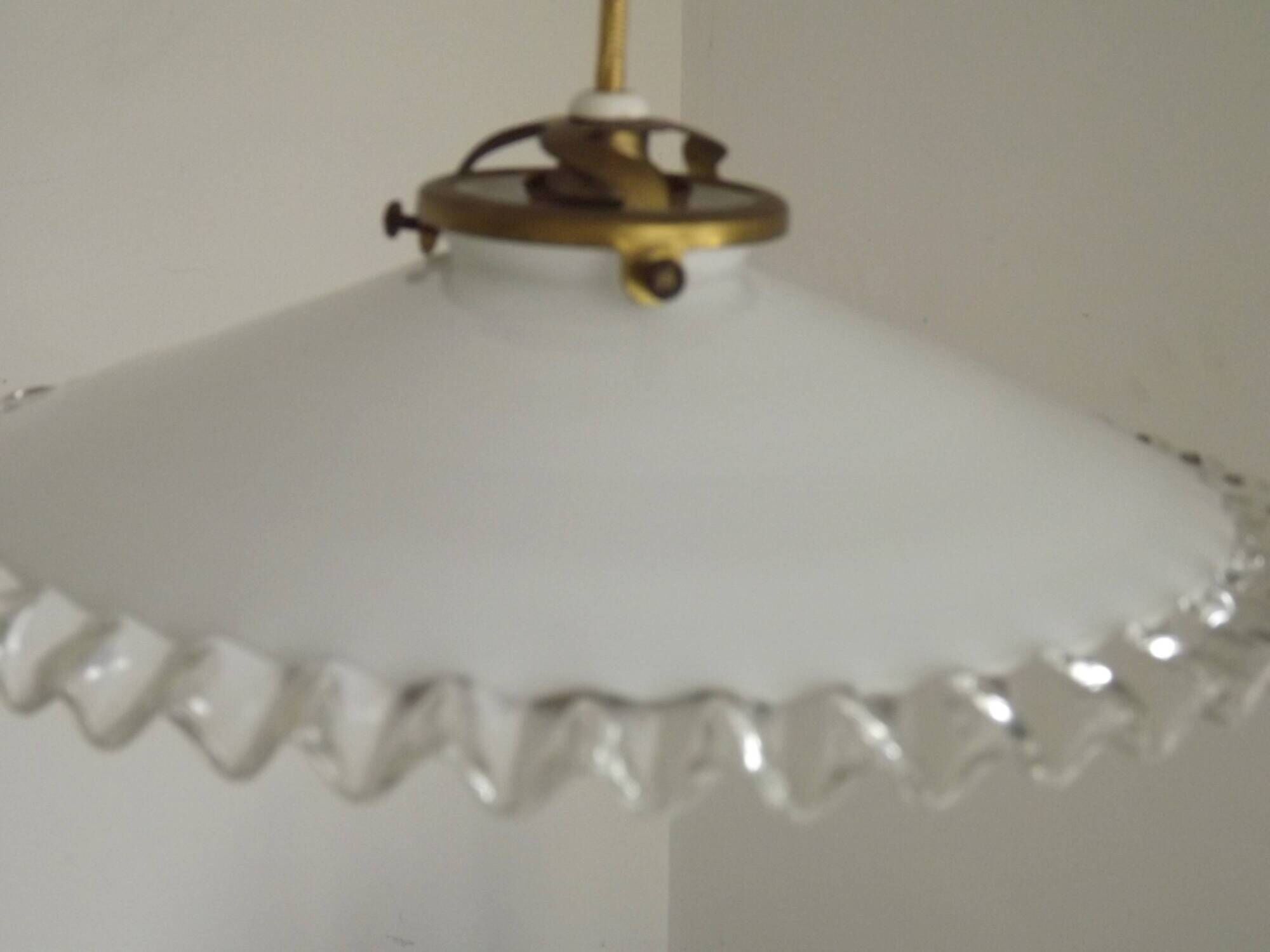 Vintage French White Opaline Glass Pendant Light Clear Glass Edge 5405