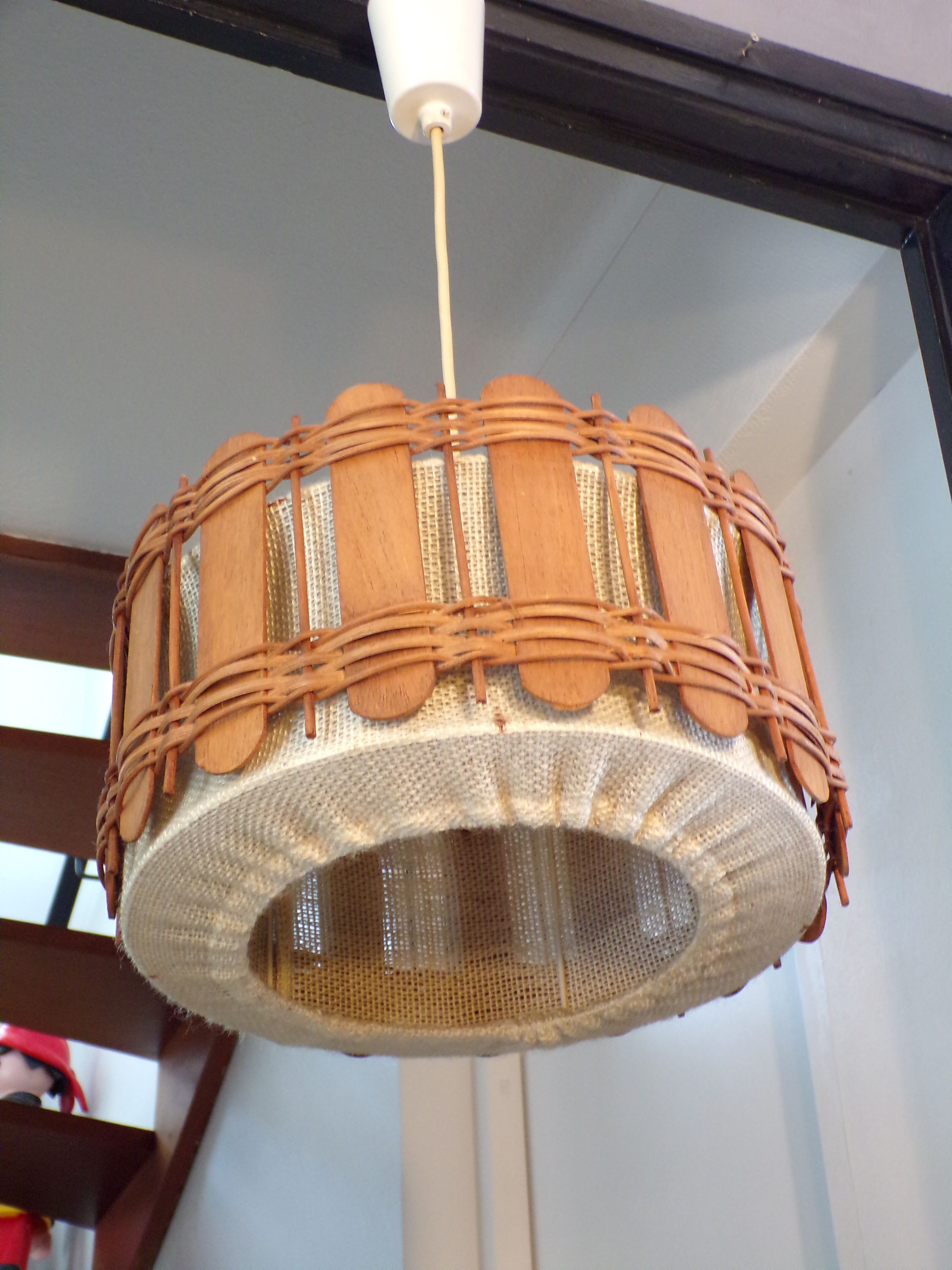 Vintage jute, rattan and wood pendant lamp