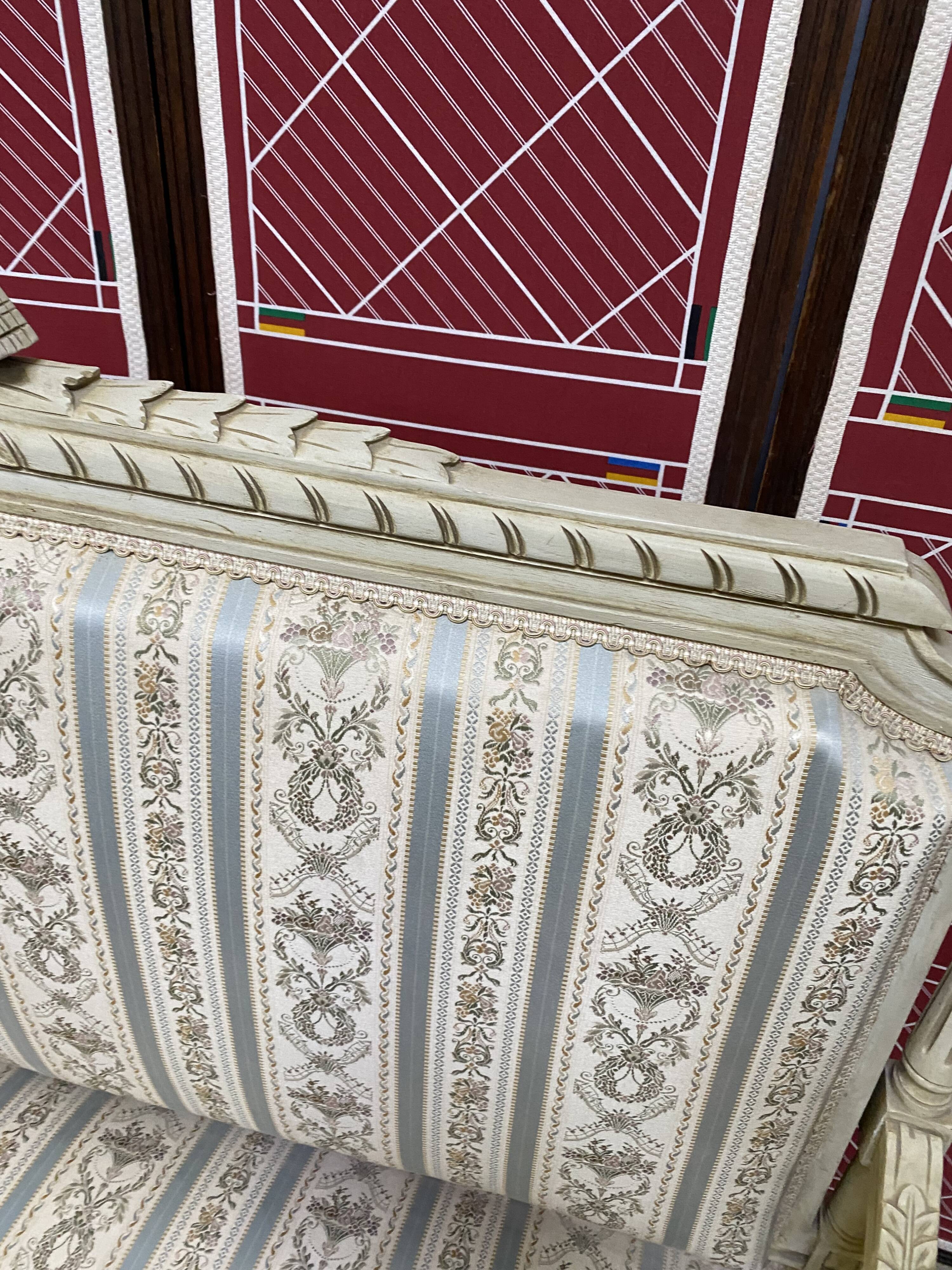 Louis XVI style bench carved with original fabrics and silks