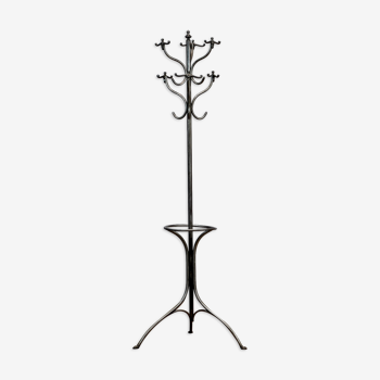 Polished iron coat rack with umbrella stand, circa 1920