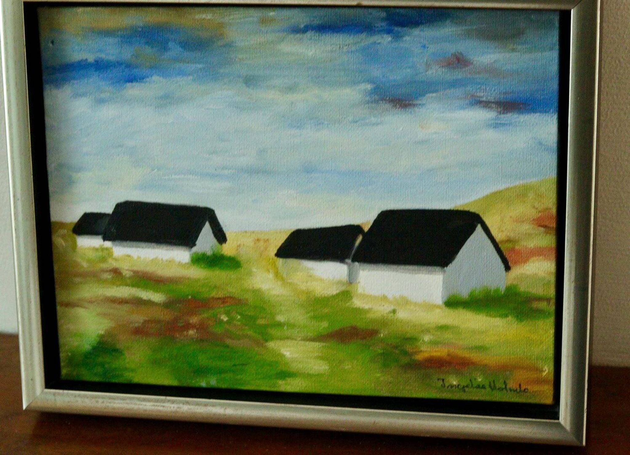 Original Swedish oil on canvas from the mid-century "Houses" - Vintage and framed