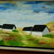 Original Swedish oil on canvas from the mid-century "Houses" - Vintage and framed