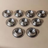 Lot of 9 vintage stainless steel egg cups from the 1970s, timeless minimalist design, dishwasher safe.