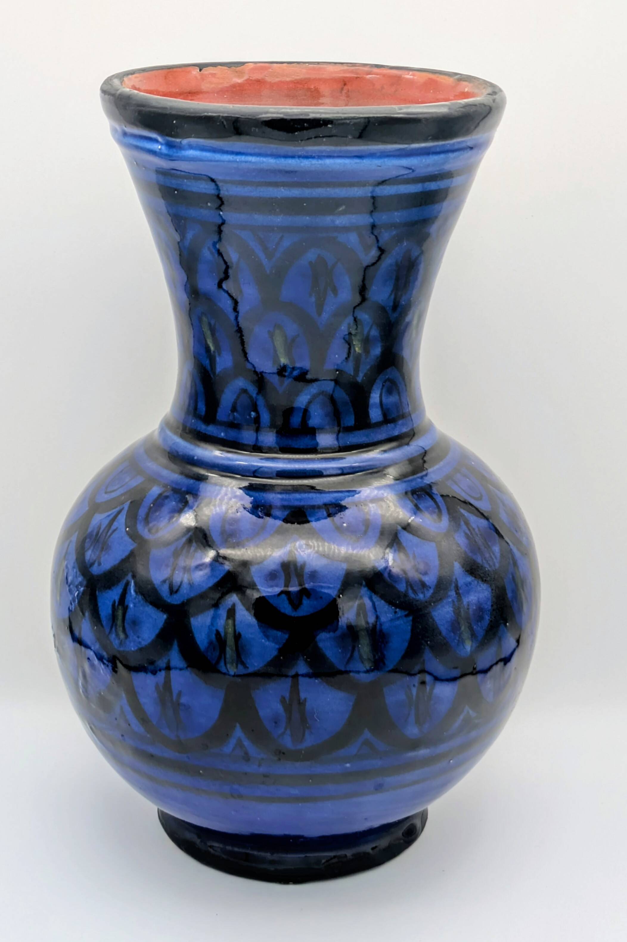 Large Baluster Vase in Safi Ceramic - Blue Black Geometric Design - Morocco
