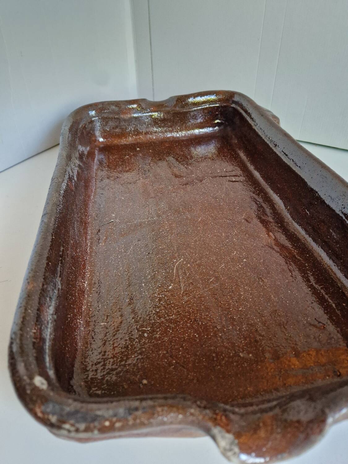Ancien Plat À Jus Lechefrite 19e Terre Cuite Vernissée Art Populaire