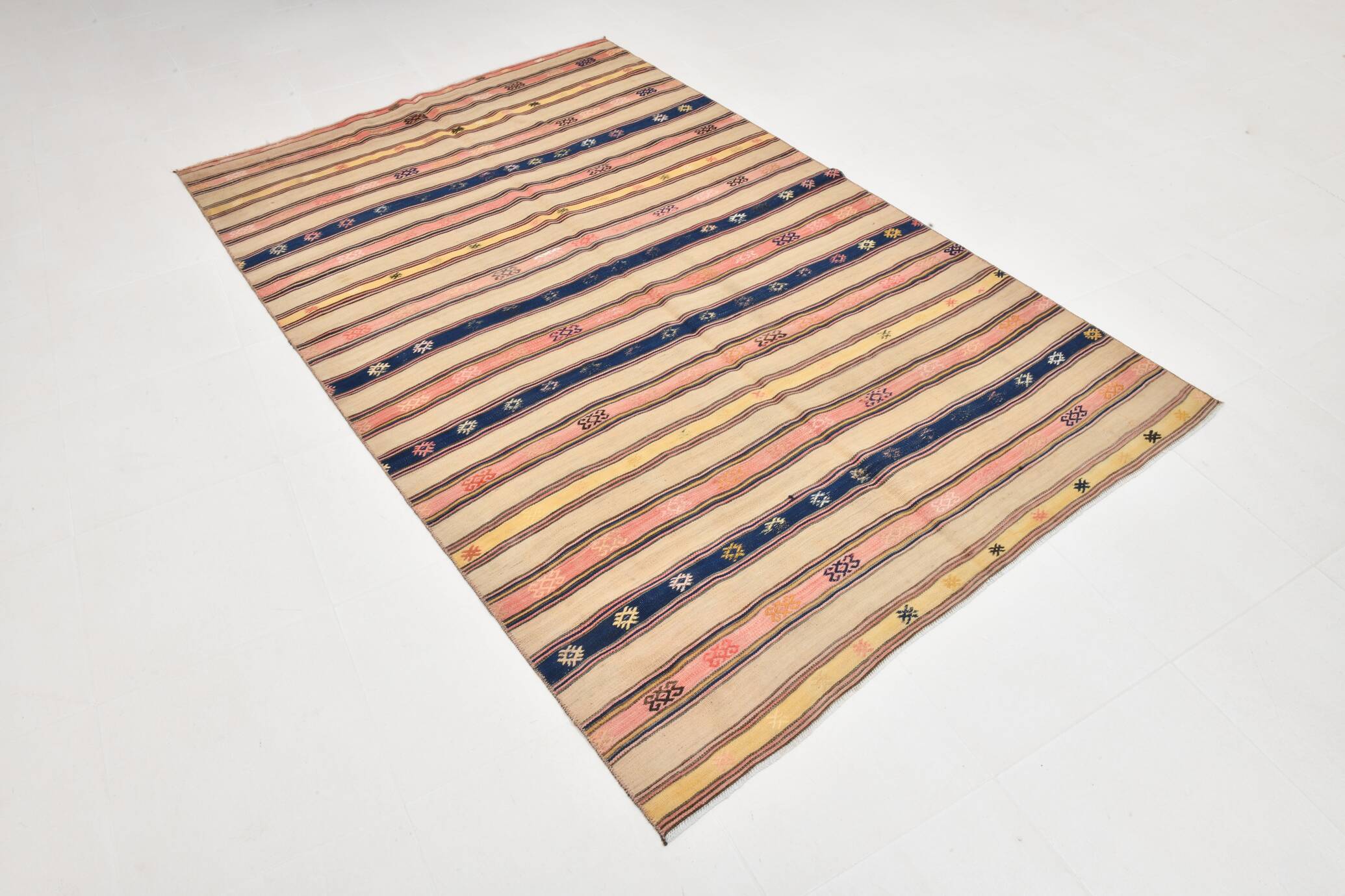 5x8 Cream & Navy Blue Striped Pattern Kilim Rug, 152x234Cm