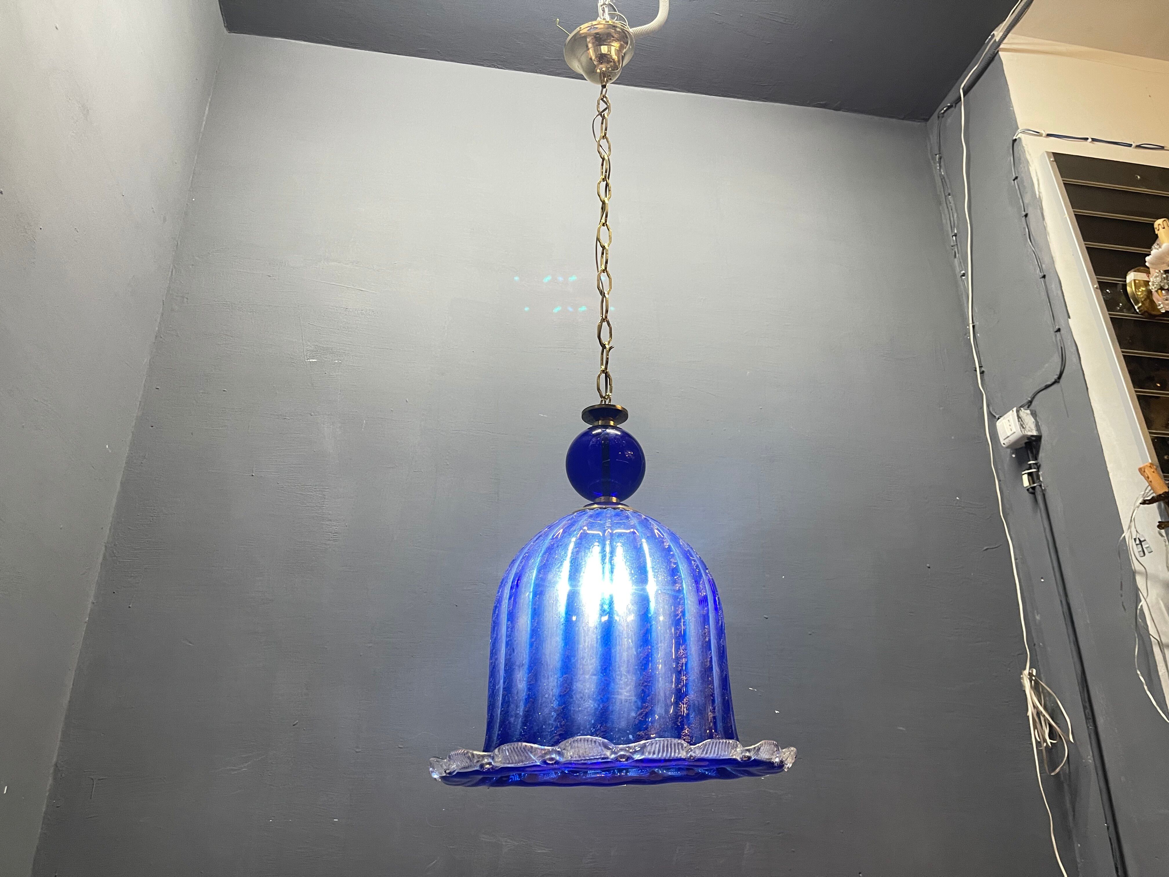 Lustre en verre de Murano bleu cobalt vintage, Italie, années 1980.