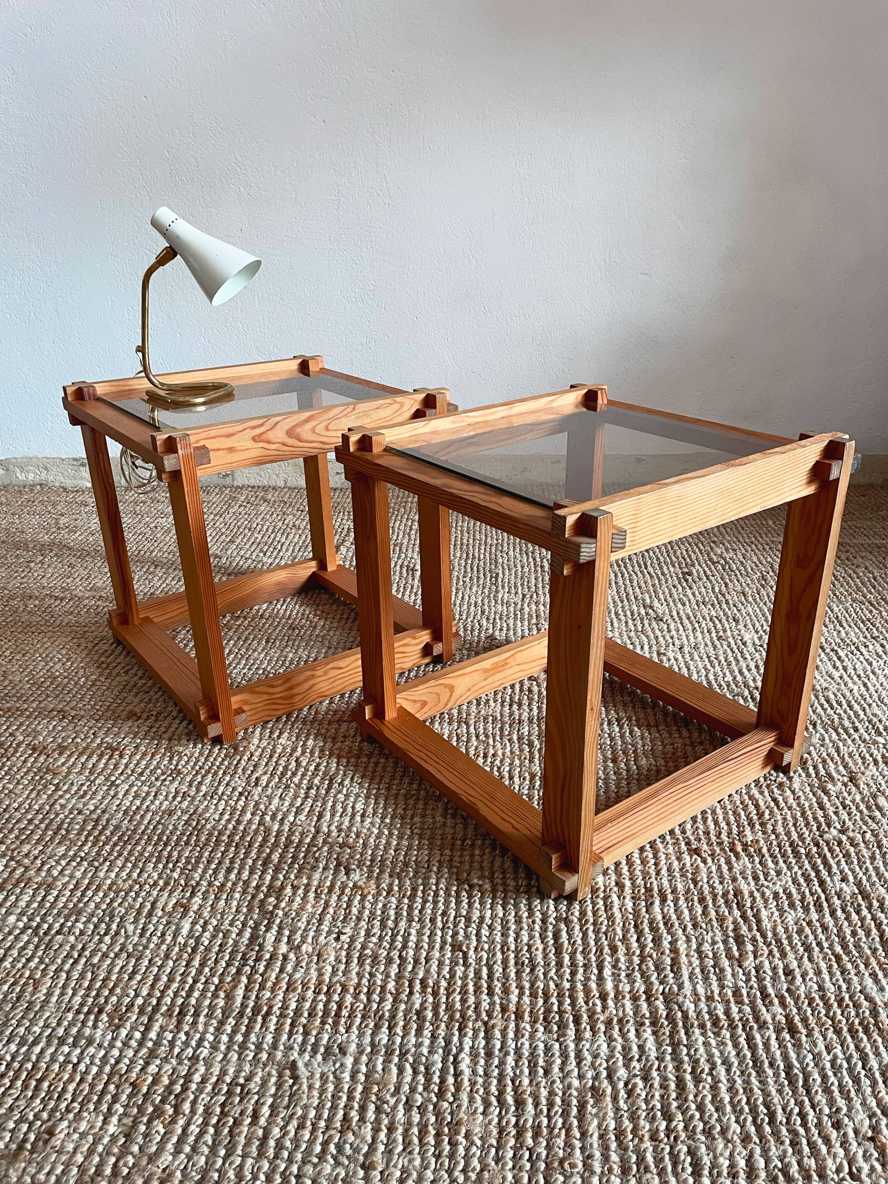 Pair of pine and glass side tables