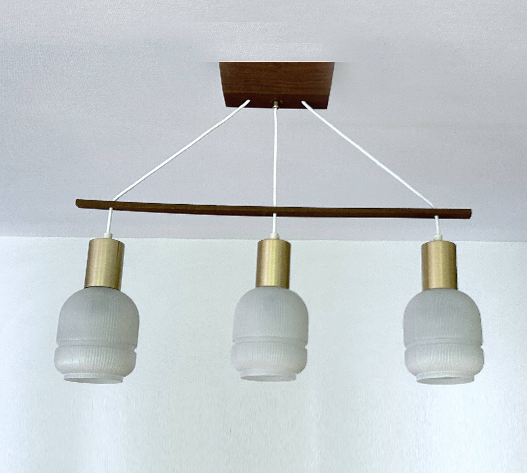Vintage Scandinavian Pendant Light Teak Glass