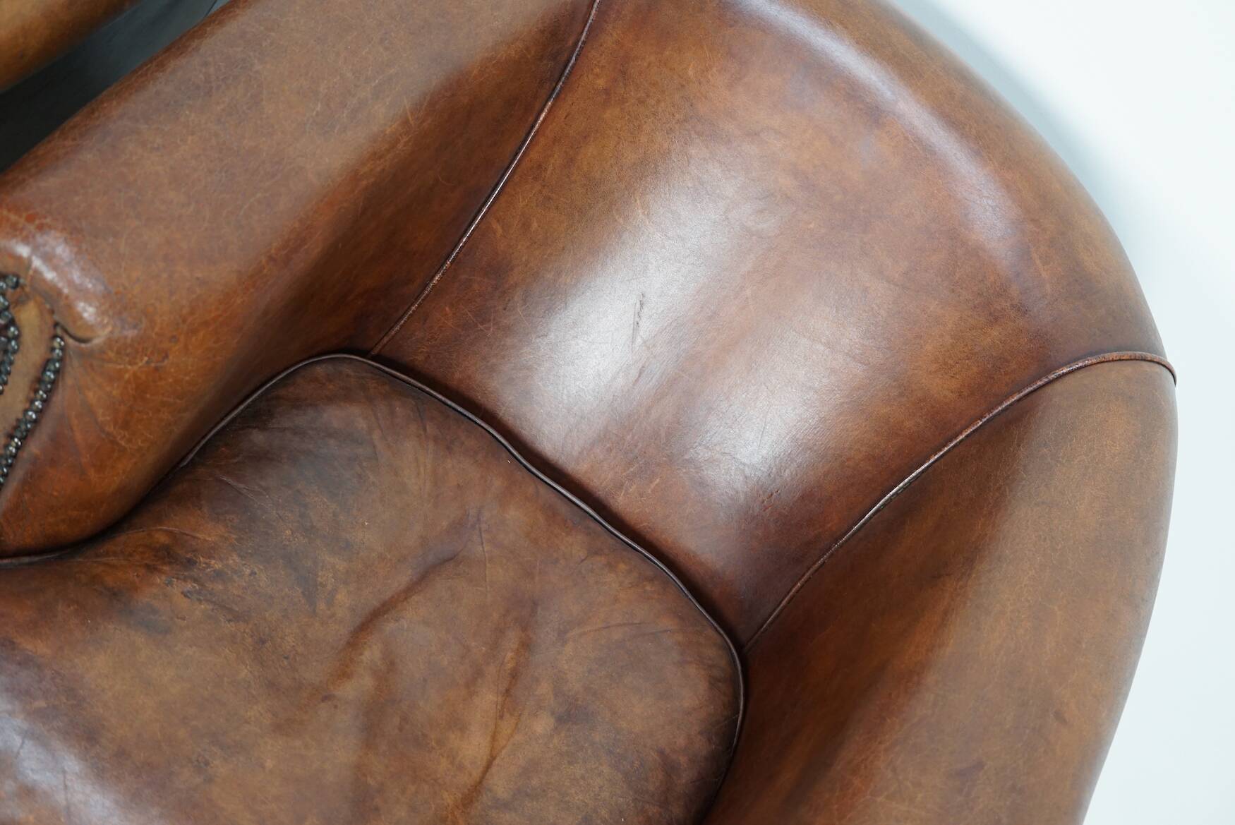 Vintage Dutch cognac coloured leather club chair, set of 2 with footstool