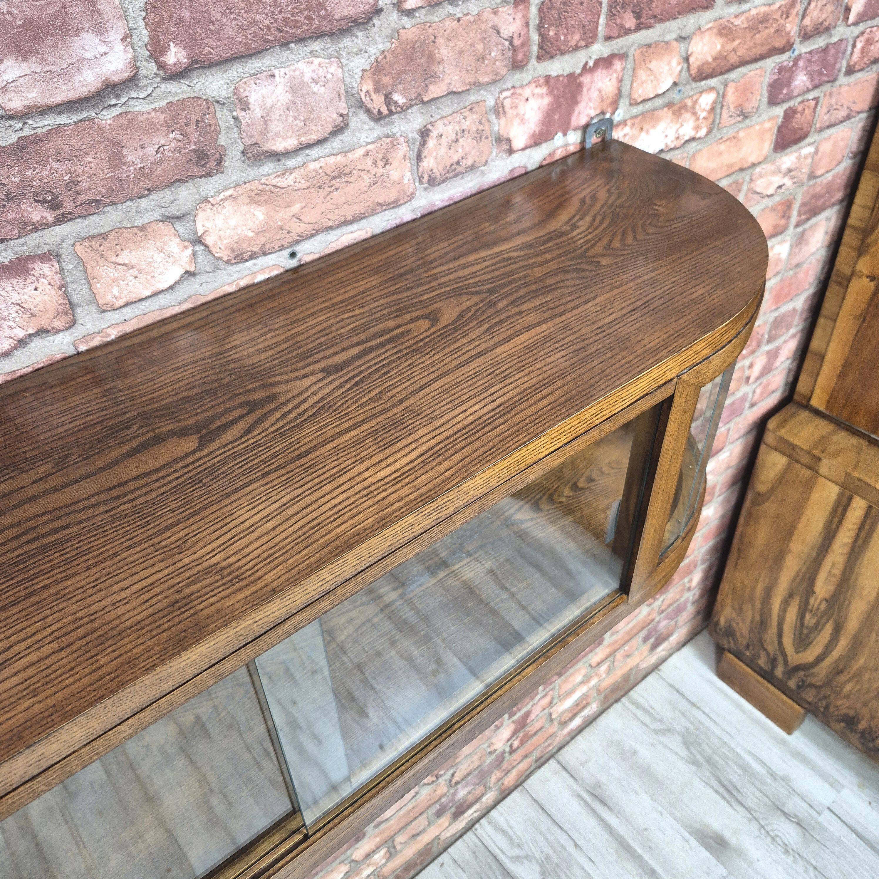 Upcycled Art Deco Oak Wall Display Cabinet with Slatted Glass Corners - 195