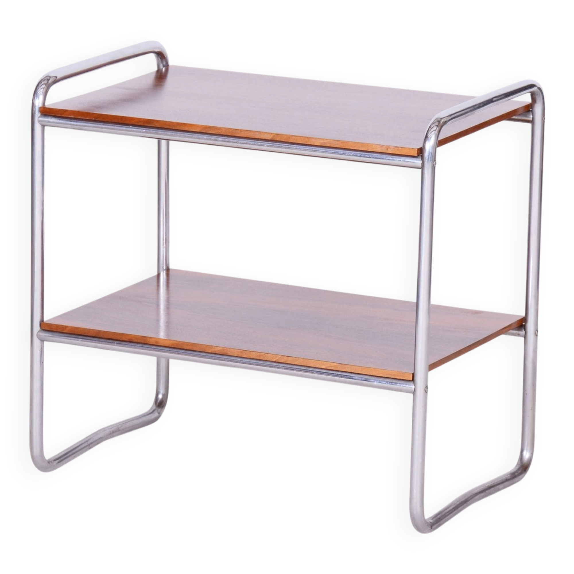 Table d'appoint Bauhaus tchèque en noyer et acier chromé, années 1930
