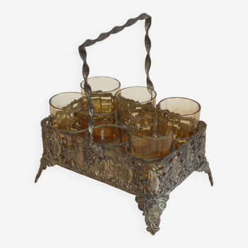 Petit panier serviteur de verres à liqueur en métal argenté