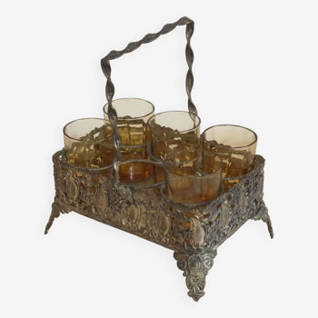 Small serving basket of liquor glasses in silver metal