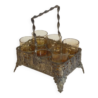 Small serving basket of liquor glasses in silver metal