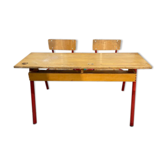 Vintage wood & red metal double desk