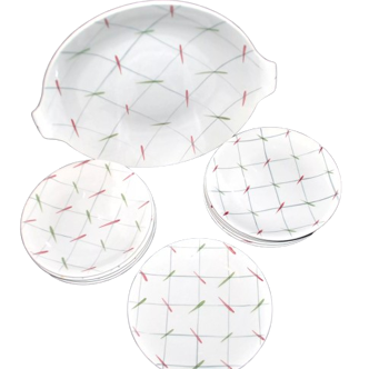 11 Vintage Ceramic Dessert Plates and Pie Dish with Tile Decor