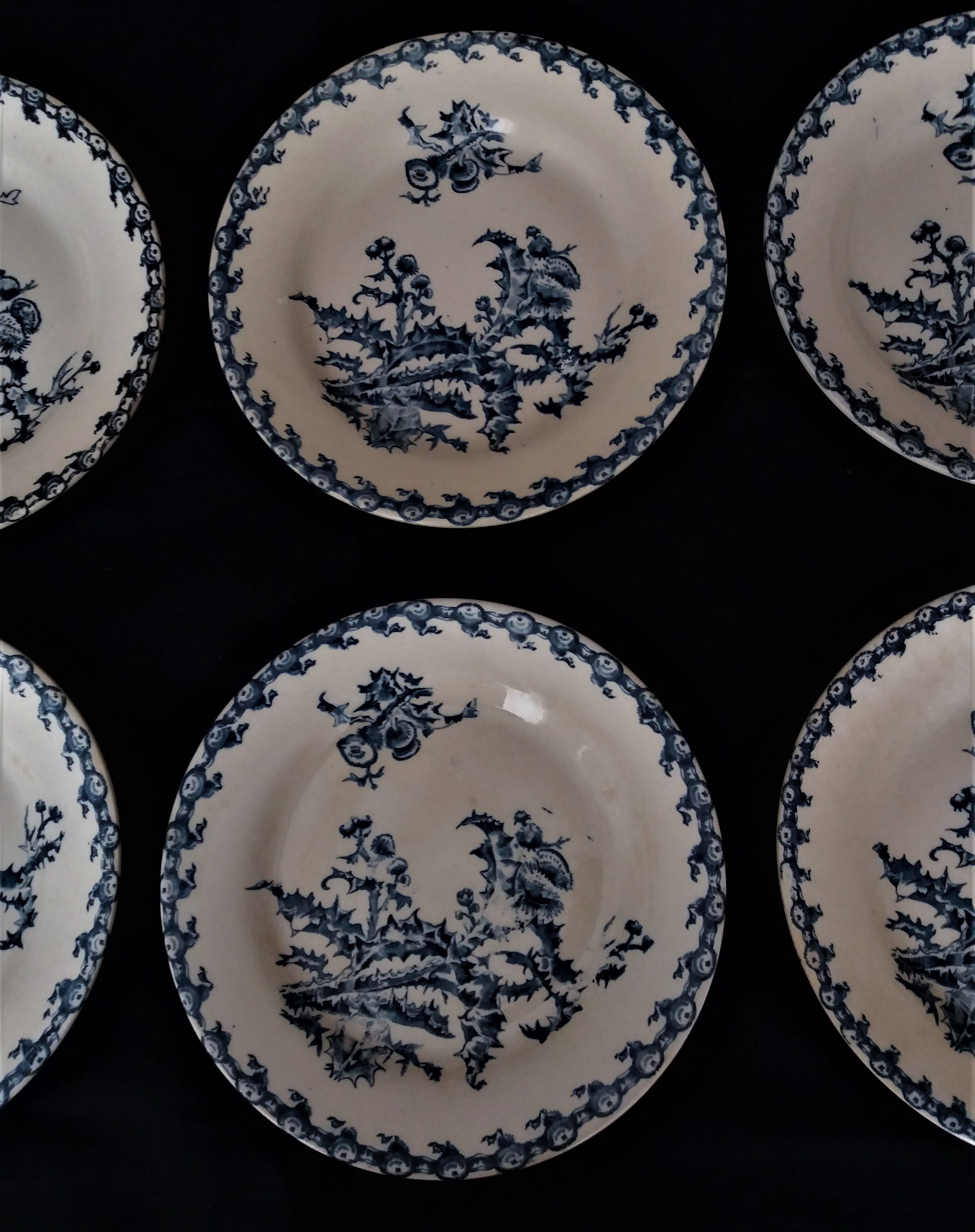 Lot of six flat plates in earthenware Gien décor blue thistles