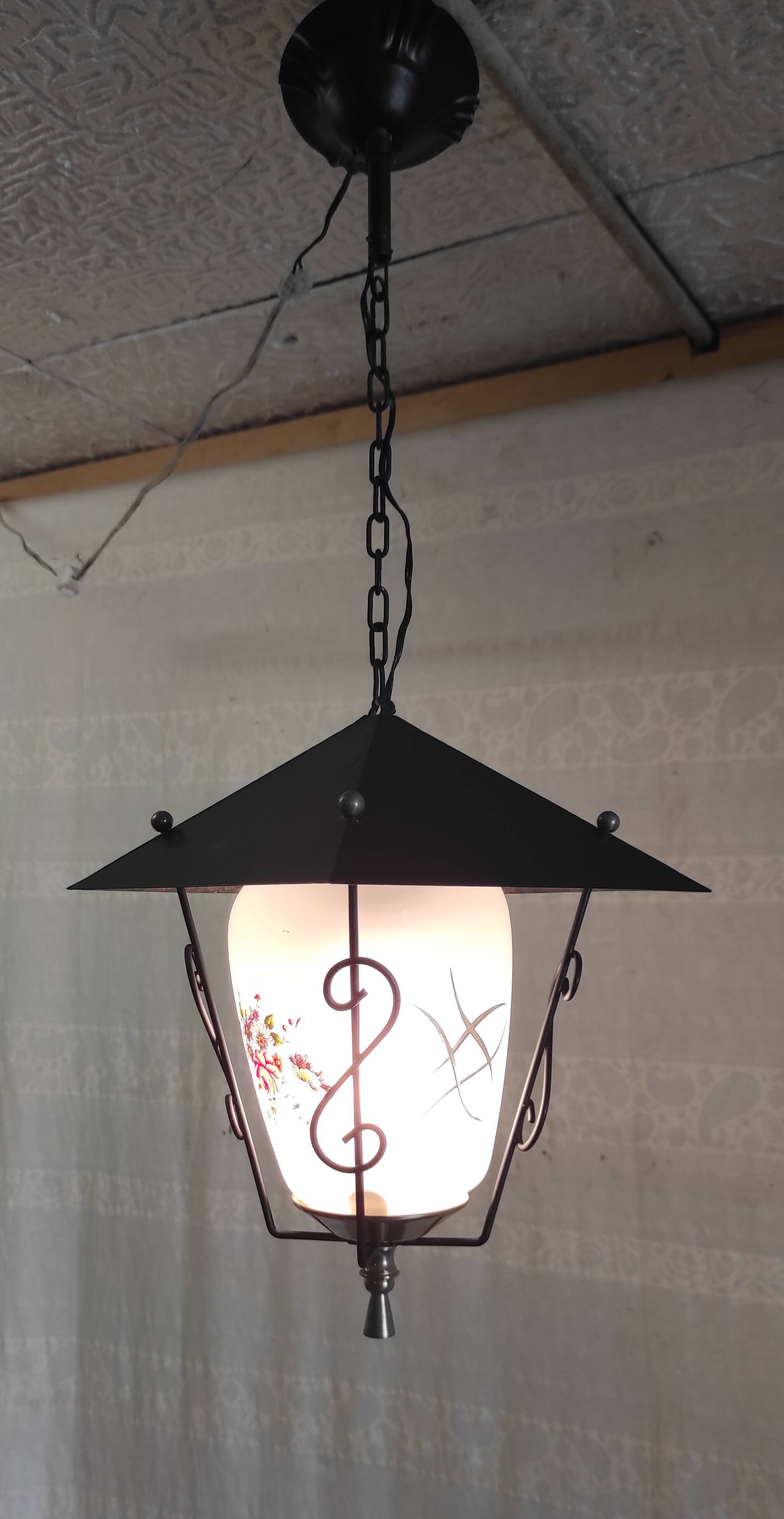 Lantern pendant light in metal, brass and glass - 50s/60s