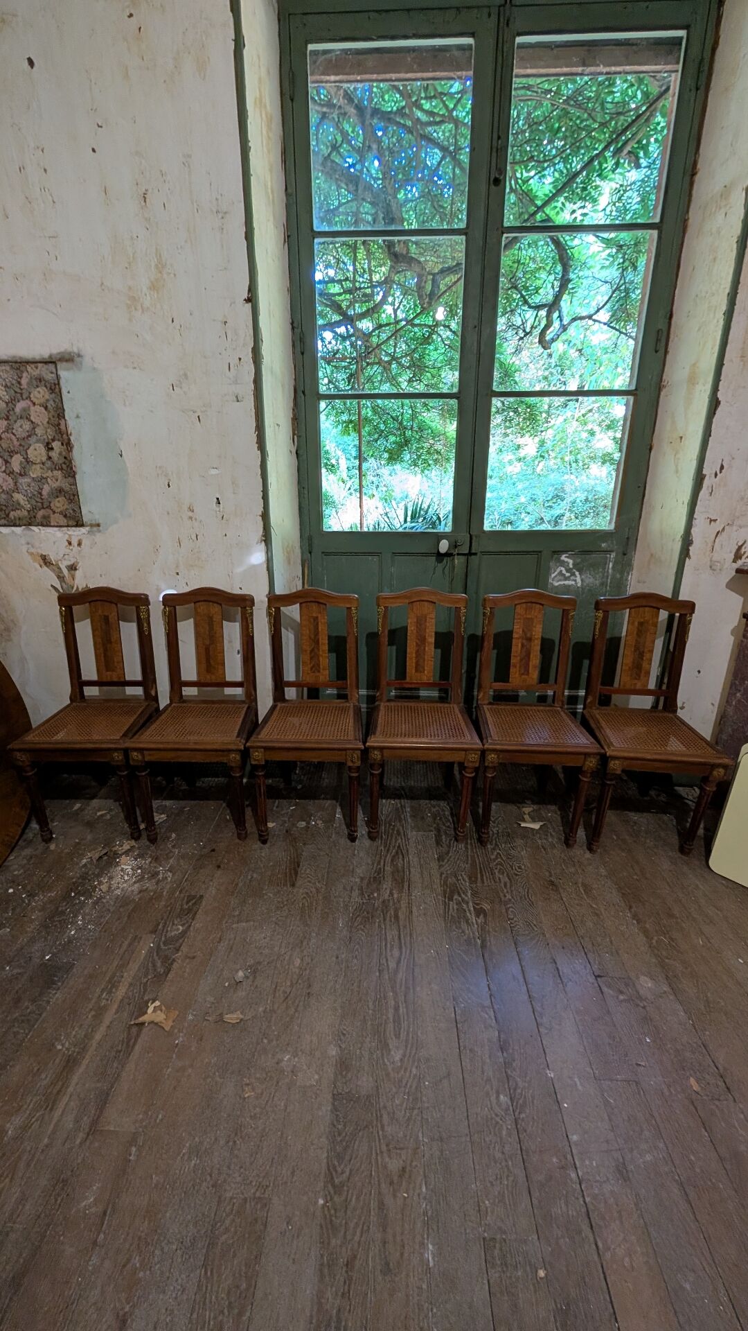 Set of 6 Louis XVI chairs in marquetry wood and caning.