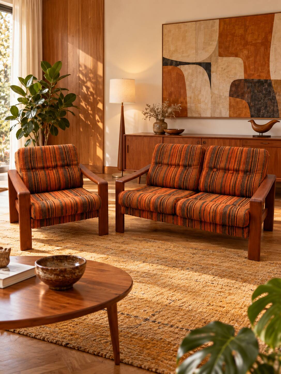 Vintage Scandinavian living room from the 1970s in teak and fabric.