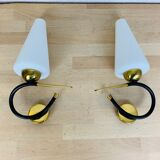 Pair of Arlus 50s opaline black and golden brass wall lamps