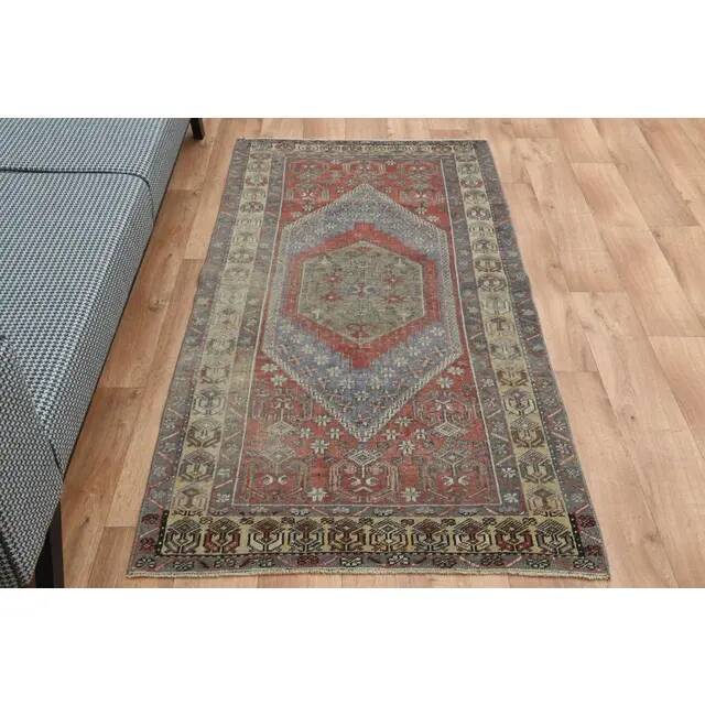 1970s Vintage Turkish Oushak Handmade Wool Cotton Red Area Rug 92x195