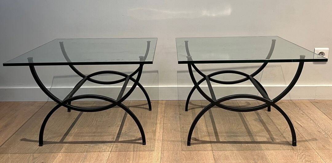 Pair of Black Lacquered Wrought Iron and Glass Side Tables, French Work