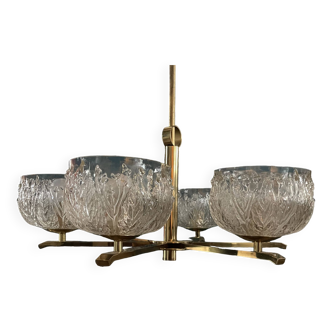 Art Deco brass and glass pendant light, 6 domes