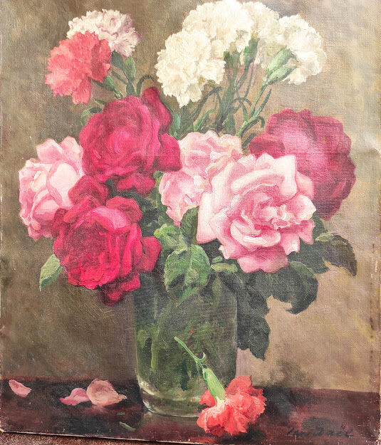 Painting Old bouquet of roses and carnations 1900