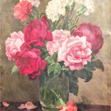 Tableau ancien bouquet de roses et oeillets 1900