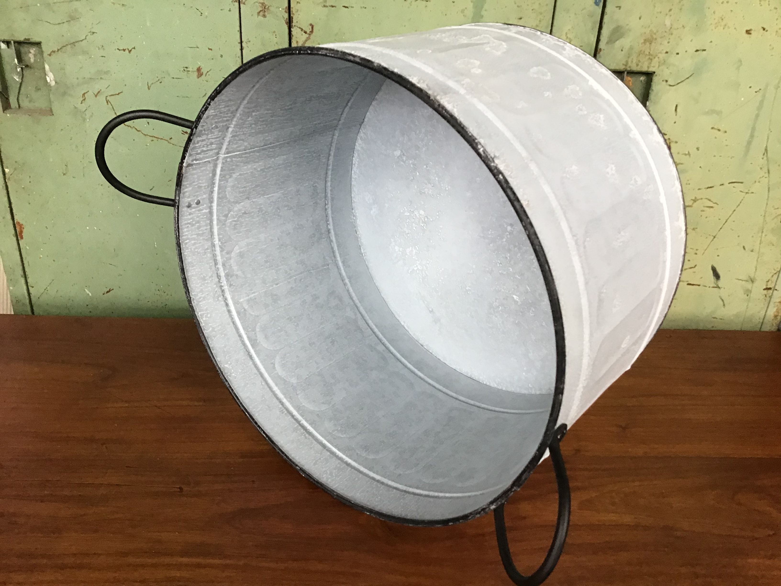 large round basin in vintage zinc