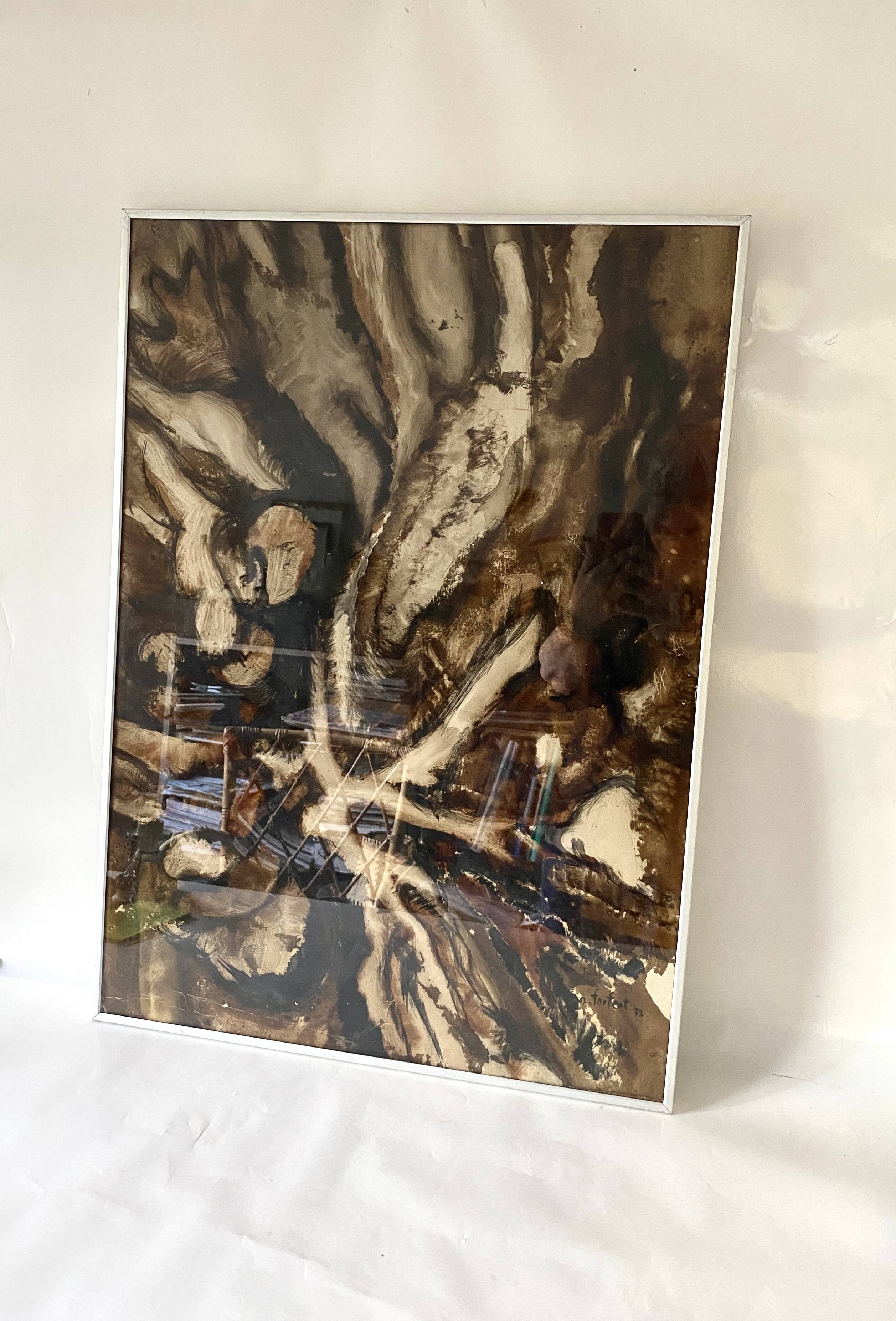 Painting 1972 under glass, metal frame