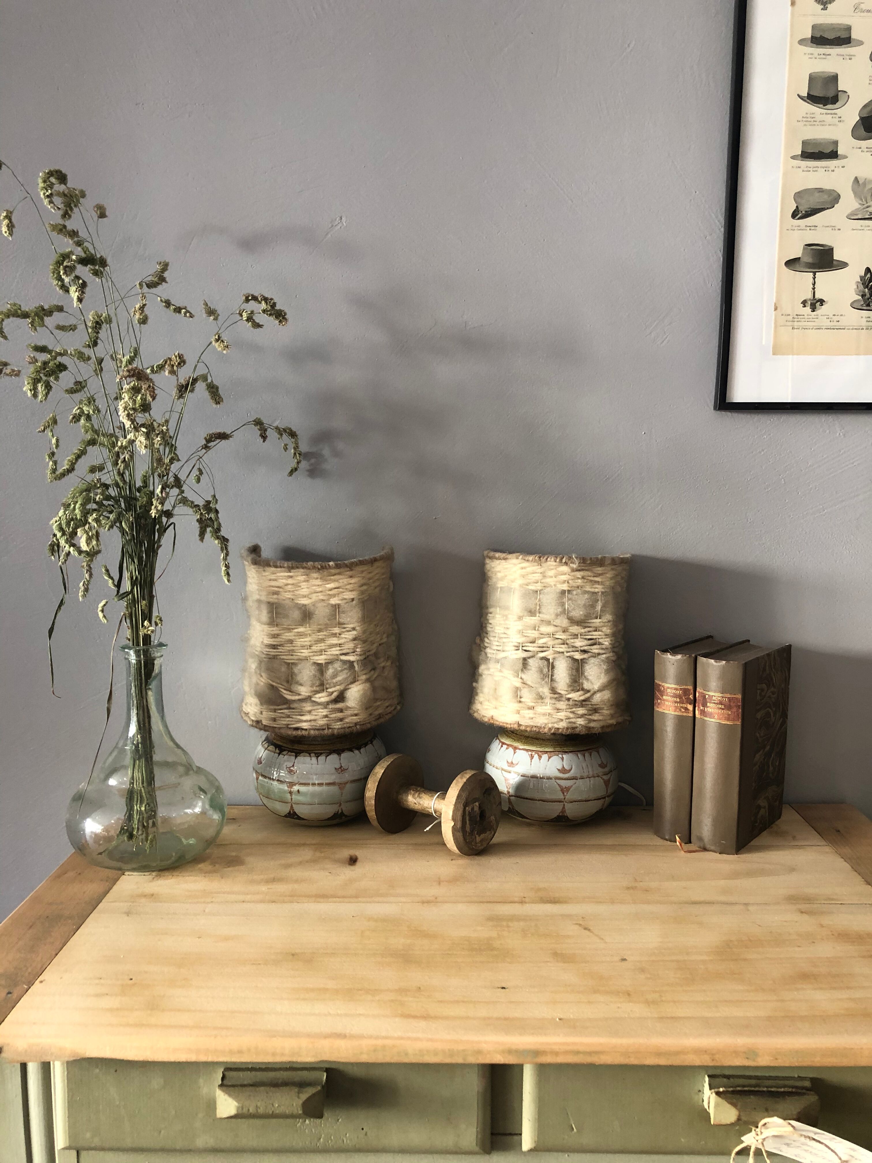 Duo of ceramic wall light wool lampshade