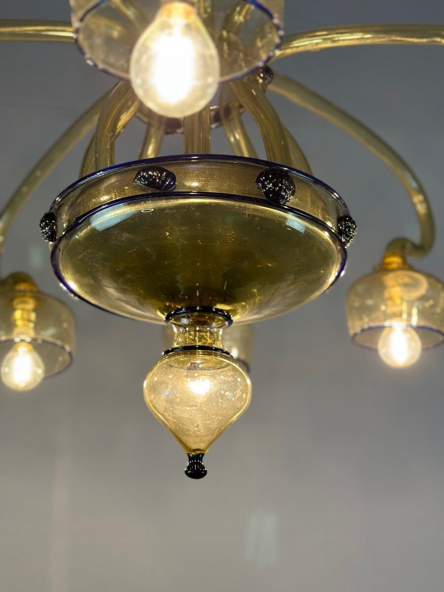 Venetian Art Nouveau chandelier in green and blue Murano glass circa 1920