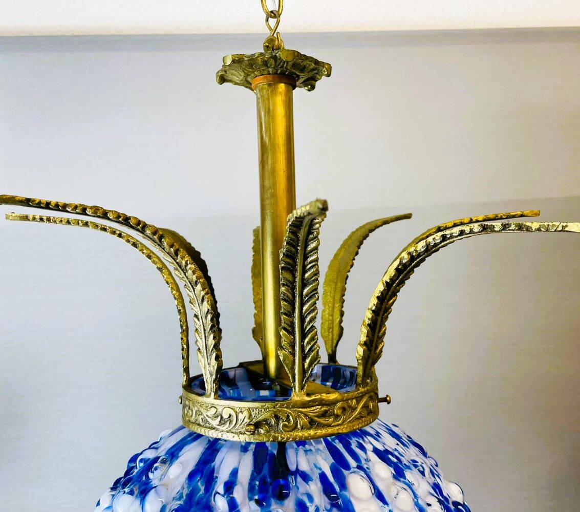 Giant blue  Art Glass chandelier with bronze crown
