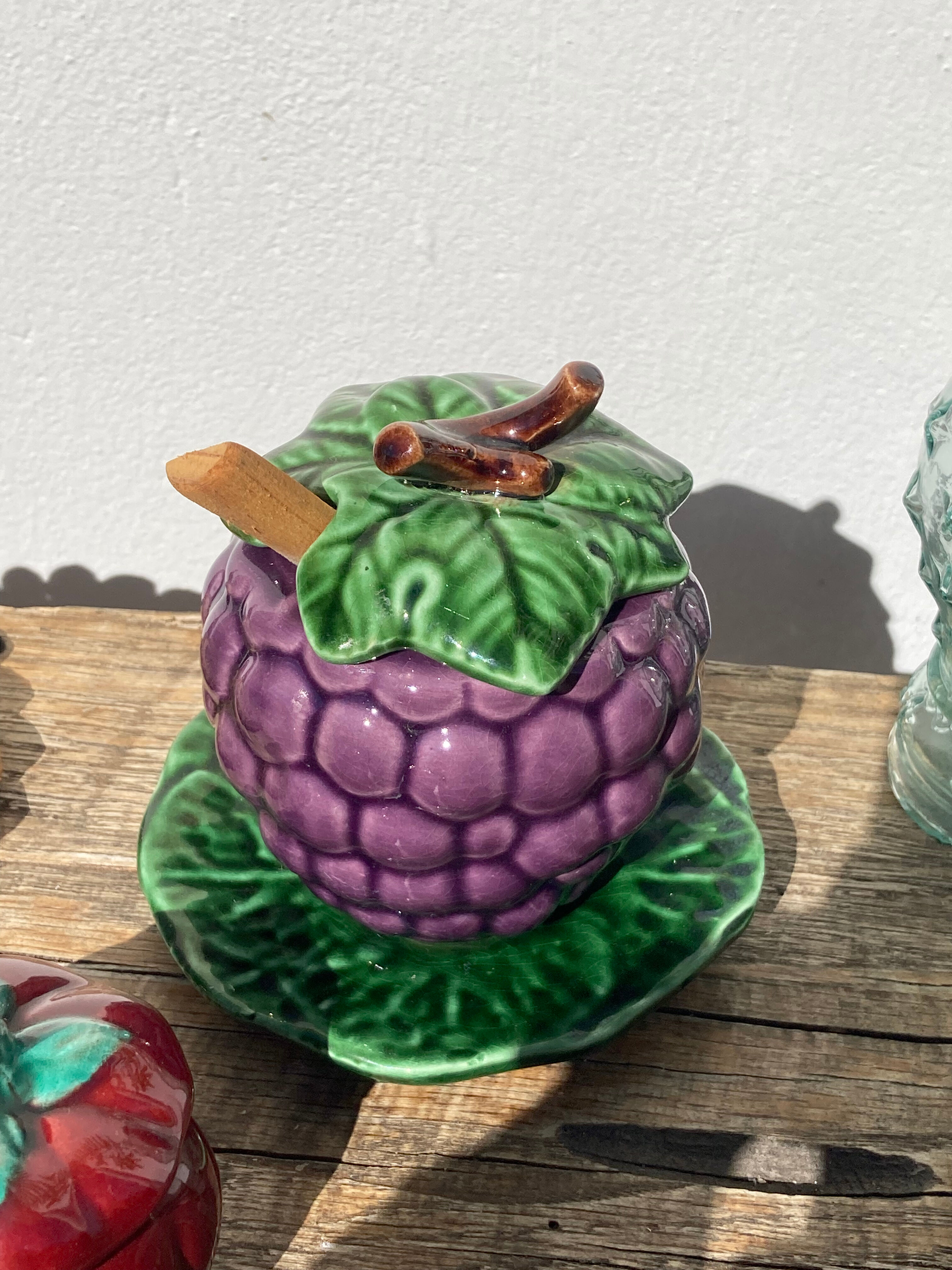 Sweet in Grape Slip or vintage jam maker, green and purple earthenware ceramics