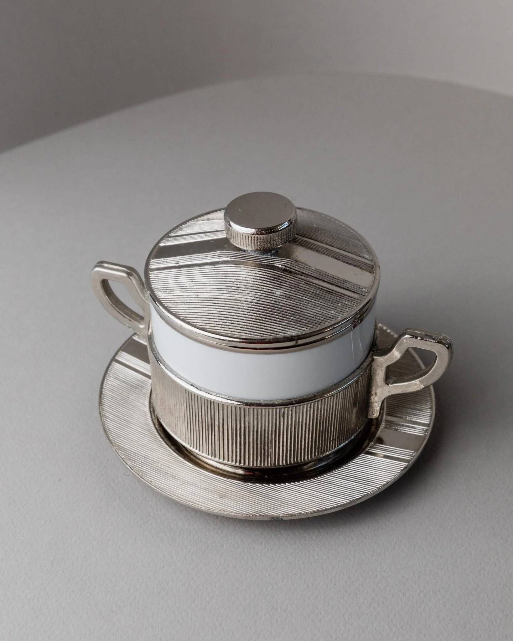 Blanc Porcelaine with Silver-Plated Lid Monopoli Italy 1950s Mid-Century Sugar Jam Bowl