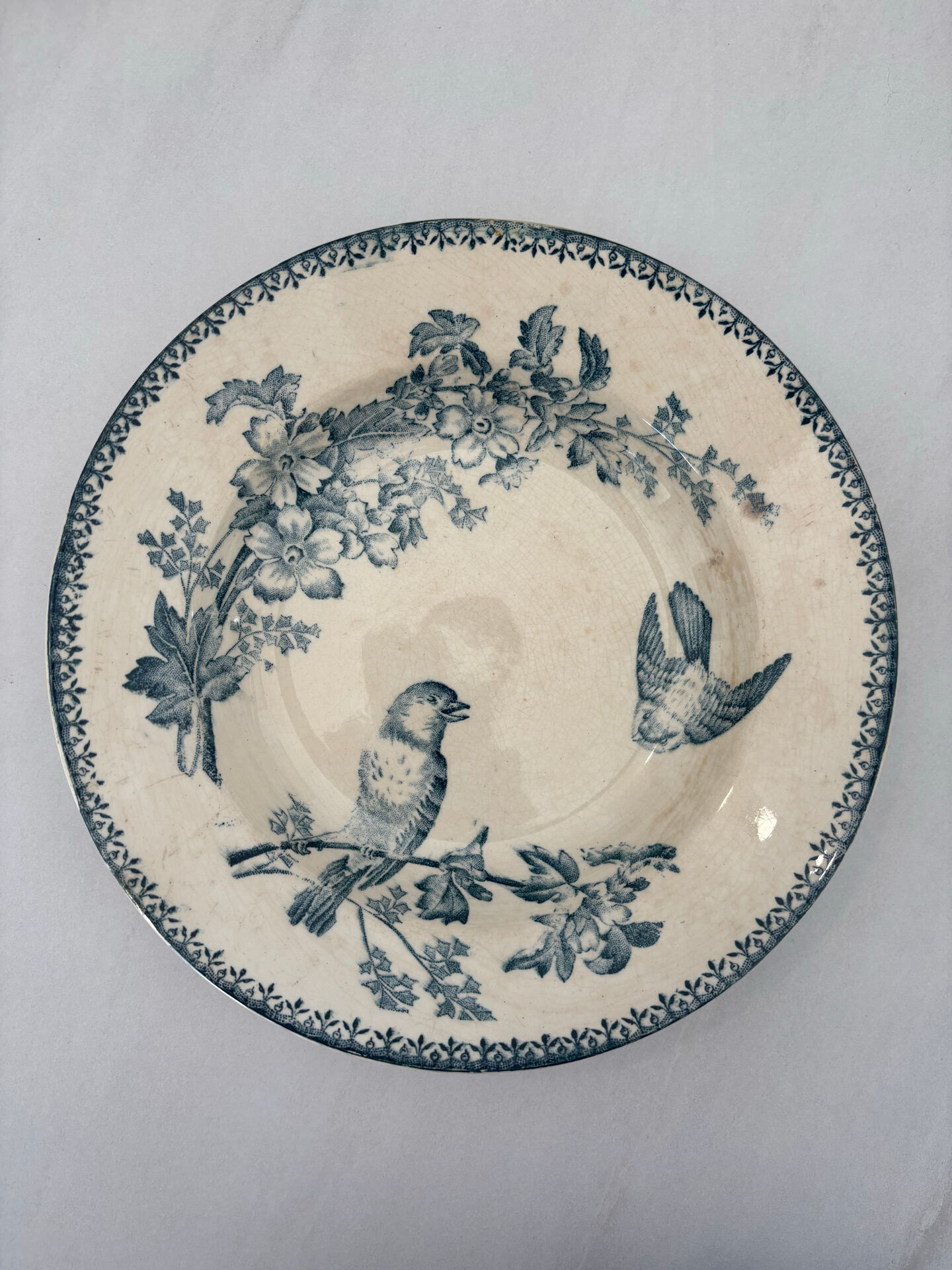 Assiette creuse longwy mesange terre de fer bleu - faïence ancienne fr