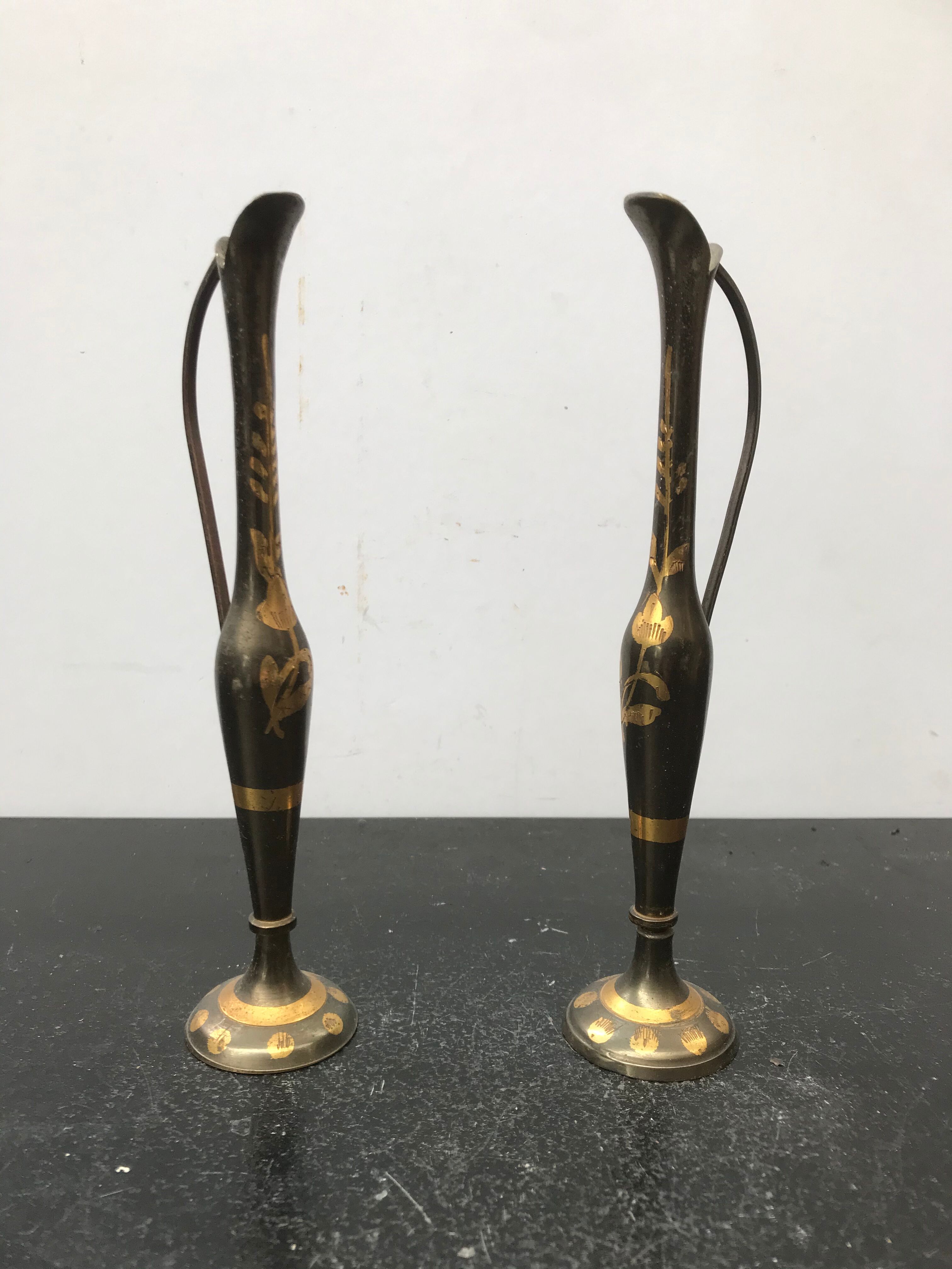 Pair ancient vase soliflore - anse metal vintage golden decoration